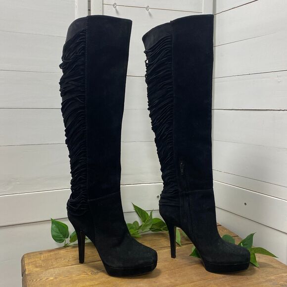 Nine West Over The Knee BLACK SUEDE Leather Fringe Stiletto Heels Boots 7 1/2 - Picture 1 of 16